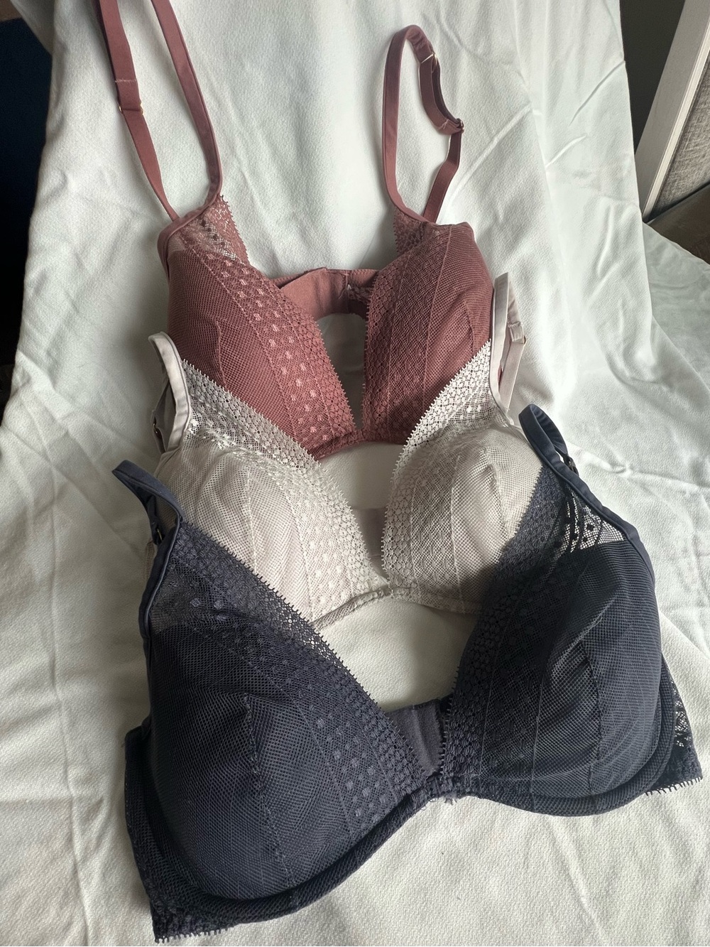 Victoria’s Secret Lace-Trim Bra Set - Blue, Cream, Dusty Rose 34D